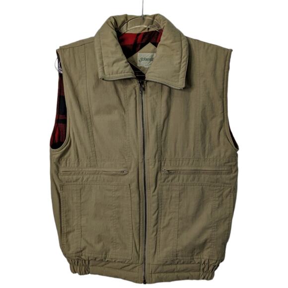 Vintage 80's Men's  St Johns Bay Tan Utility Vest Buffalo Plaid Lining SEE Meas. - Picture 1 of 11